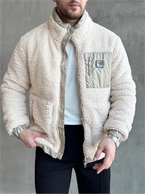 Erkek Popüler Model Regular Kalıp Peluş Kürklü Dik Yaka Cepli Mont-Krem(E1876)