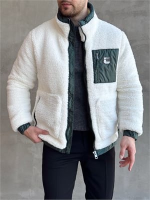 Erkek Popüler Model Regular Kalıp Peluş Kürklü Dik Yaka Cepli Mont-Beyaz(E1876)