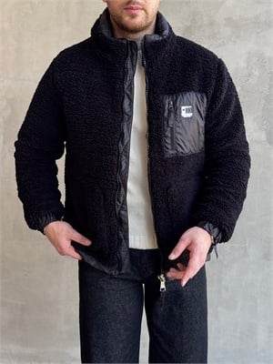 Erkek Popüler Model Regular Kalıp Peluş Kürklü Dik Yaka Cepli Mont-Siyah(E1876)