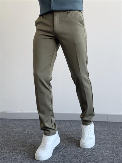 Erkek Premium İtalyan Kesim Gizli Düğme Detay Gabardin Kumaş Pantolon-Haki(E1144)