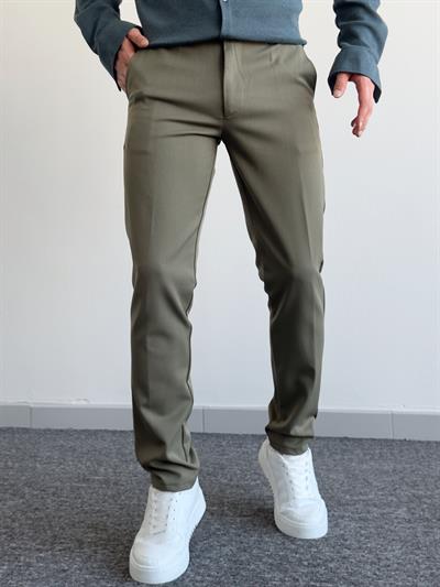 Erkek Premium İtalyan Kesim Gizli Düğme Detay Gabardin Kumaş Pantolon-Haki(E1144)