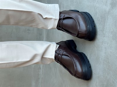 Erkek Premium Kalite %100 Deri Bağcıklı Oxford Stil Yüksek Taban Ayakkabı-Kahverengi(E1734)