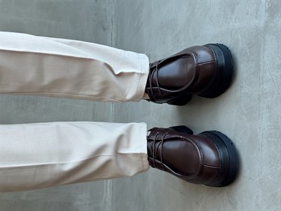 Erkek Premium Kalite %100 Deri Bağcıklı Oxford Stil Yüksek Taban Ayakkabı-Kahverengi(E1734)