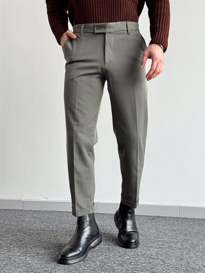 Erkek Premium Kalite Bel Lastikli Duble Paça Gabardin Kumaş Pantolon-Haki(E1244)