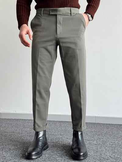 Erkek Premium Kalite Bel Lastikli Duble Paça Gabardin Kumaş Pantolon-Haki(E1244)