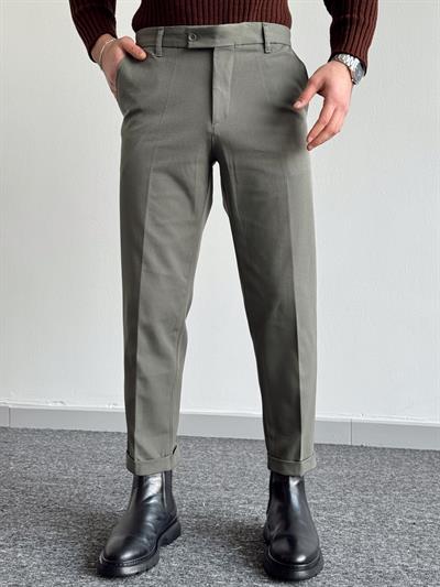Erkek Premium Kalite Bel Lastikli Duble Paça Gabardin Kumaş Pantolon-Haki(E1244)