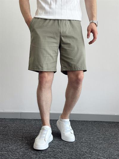 Erkek Premium Kalite Beli Lastik Detay Gabardin Kumaş Şort-Haki(E1421)Ketench