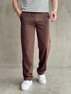 Erkek Premium Kalite Beli Lastikli Bağcık Detay Baggy Kalıp Keten Pantolon-Kahverengi(E1676)Ketench