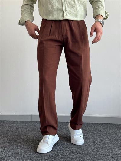 Erkek Premium Kalite Beli Lastikli Baggy Kalıp Keten Pantolon-Kahverengi(E1412)