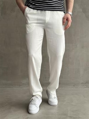 Erkek Premium Kalite Beli Lastikli Bağcık Detay Baggy Kalıp Keten Pantolon-Beyaz(E1676)Ketench