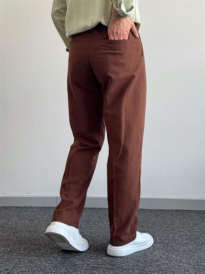 Erkek Premium Kalite Beli Lastikli Baggy Kalıp Keten Pantolon-Kahverengi(E1412)