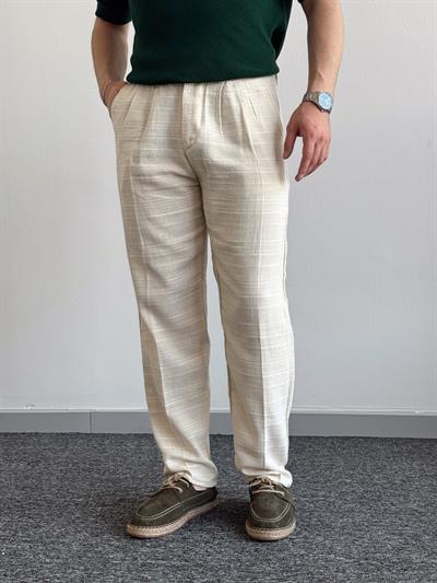 Erkek Premium Kalite Beli Lastikli Çizgi Detay Baggy Kalıp Keten Pantolon-Bej(E1413)