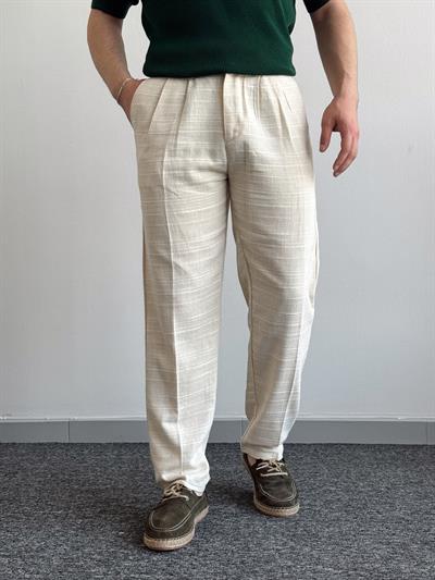 Erkek Premium Kalite Beli Lastikli Çizgi Detay Baggy Kalıp Keten Pantolon-Bej(E1413)