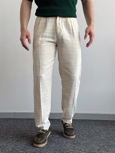 Erkek Premium Kalite Beli Lastikli Çizgi Detay Baggy Kalıp Keten Pantolon-Bej(E1413)