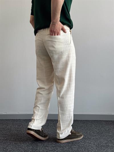 Erkek Premium Kalite Beli Lastikli Çizgi Detay Baggy Kalıp Keten Pantolon-Bej(E1413)
