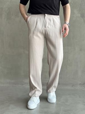 Erkek Premium Kalite Beli Lastikli Pile Detaylı Baggy Kalıp Modal Kumaş Pantolon-Bej(E1649)