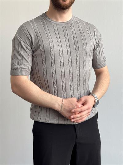 Erkek Premium Kalite Bisiklet Yaka Oversize Kalıp Halat Desenli Triko T-Shirt-Gri(E1356)