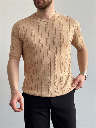 Erkek Premium Kalite Bisiklet Yaka Oversize Kalıp Halat Desenli Triko T-Shirt-Bej(E1356)