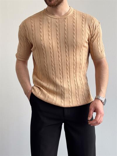 Erkek Premium Kalite Bisiklet Yaka Oversize Kalıp Halat Desenli Triko T-Shirt-Bej(E1356)