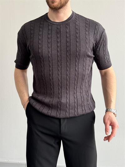 Erkek Premium Kalite Bisiklet Yaka Oversize Kalıp Halat Desenli Triko T-Shirt-Antrasit(E1356)