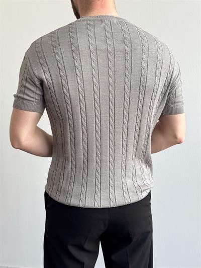 Erkek Premium Kalite Bisiklet Yaka Oversize Kalıp Halat Desenli Triko T-Shirt-Gri(E1356)