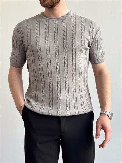 Erkek Premium Kalite Bisiklet Yaka Oversize Kalıp Halat Desenli Triko T-Shirt-Gri(E1356)