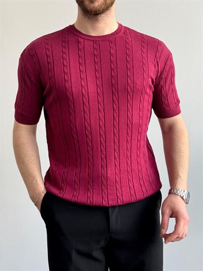 Erkek Premium Kalite Bisiklet Yaka Oversize Kalıp Halat Desenli Triko T-Shirt-Bordo(E1356)
