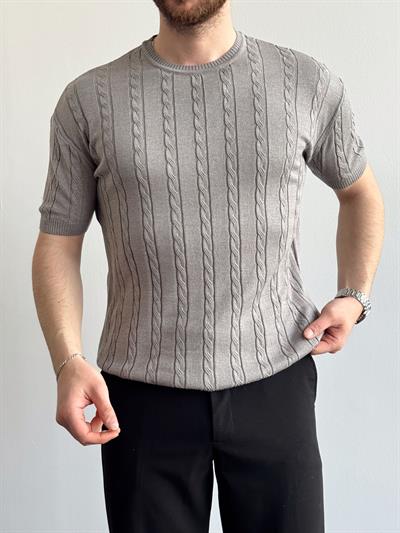 Erkek Premium Kalite Bisiklet Yaka Oversize Kalıp Halat Desenli Triko T-Shirt-Gri(E1356)