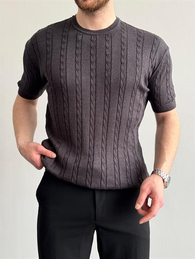 Erkek Premium Kalite Bisiklet Yaka Oversize Kalıp Halat Desenli Triko T-Shirt-Antrasit(E1356)