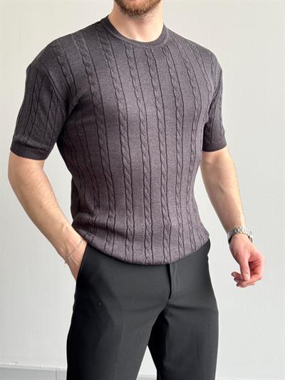 Erkek Premium Kalite Bisiklet Yaka Oversize Kalıp Halat Desenli Triko T-Shirt-Antrasit(E1356)