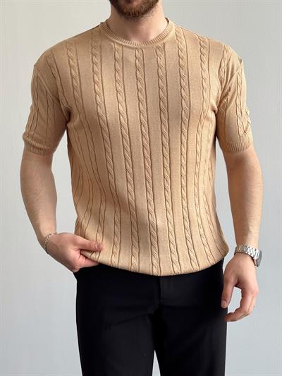 Erkek Premium Kalite Bisiklet Yaka Oversize Kalıp Halat Desenli Triko T-Shirt-Bej(E1356)