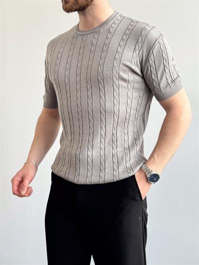 Erkek Premium Kalite Bisiklet Yaka Oversize Kalıp Halat Desenli Triko T-Shirt-Gri(E1356)