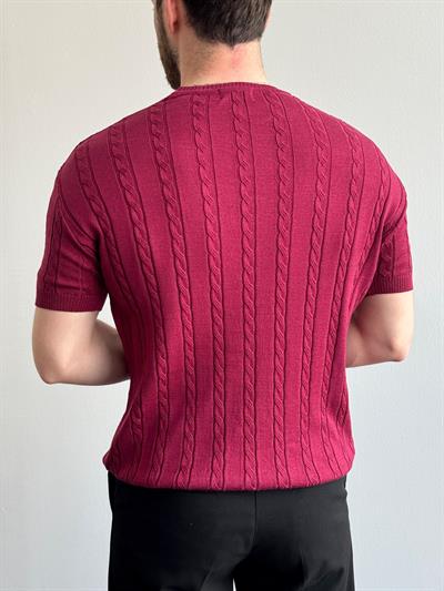 Erkek Premium Kalite Bisiklet Yaka Oversize Kalıp Halat Desenli Triko T-Shirt-Bordo(E1356)