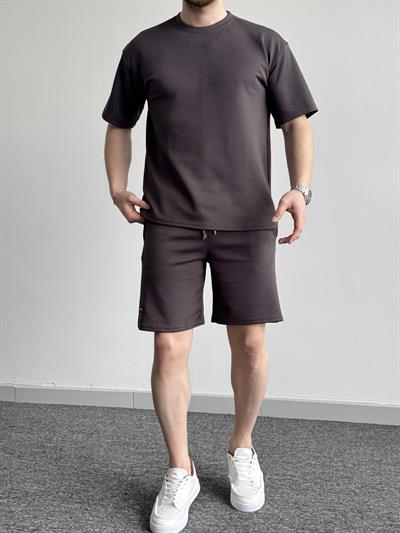 Erkek Premium Kalite Bisiklet Yaka T-Shirt Şort Takım-Antrasit(E1353)