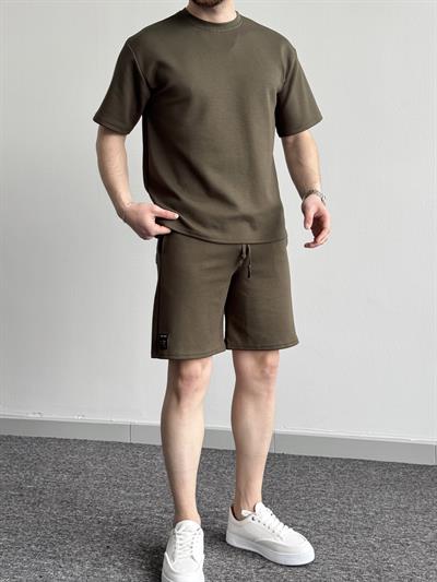 Erkek Premium Kalite Bisiklet Yaka T-Shirt Şort Takım-Haki(E1353)