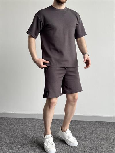 Erkek Premium Kalite Bisiklet Yaka T-Shirt Şort Takım-Antrasit(E1353)