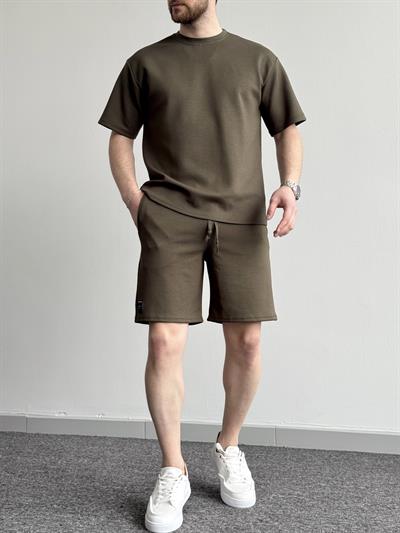 Erkek Premium Kalite Bisiklet Yaka T-Shirt Şort Takım-Haki(E1353)