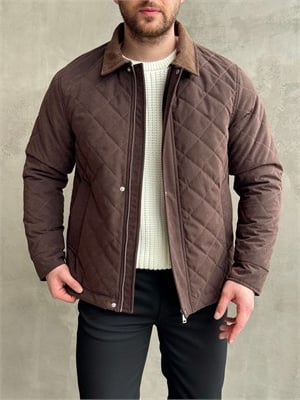 Erkek Premium Kalite BRB Model Regular Kalıp Kadife Yaka Baklava Desenli Süet Ceket-Kahverengi(E1898)