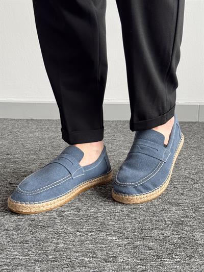 Erkek Premium Kalite Hasır Tabanlı Süet Loafer Ayakkabı-Mavi(E1347)