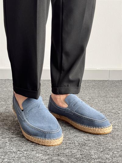 Erkek Premium Kalite Hasır Tabanlı Süet Loafer Ayakkabı-Mavi(E1347)