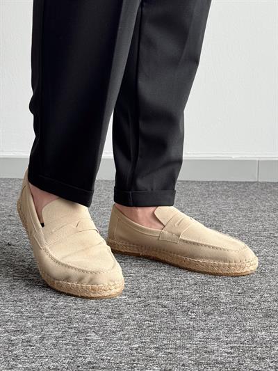 Erkek Premium Kalite Hasır Tabanlı Süet Loafer Ayakkabı-Krem(E1347)