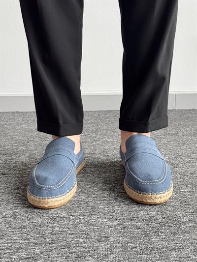Erkek Premium Kalite Hasır Tabanlı Süet Loafer Ayakkabı-Mavi(E1347)