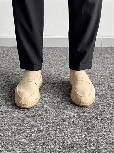 Erkek Premium Kalite Hasır Tabanlı Süet Loafer Ayakkabı-Krem(E1347)