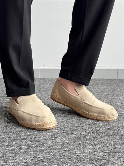 Erkek Premium Kalite Hasır Tabanlı Süet Loafer Ayakkabı-Krem(E1347)