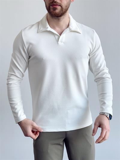 Erkek Premium Kalite İçi Astarlı Oversize Kalıp Polo Yaka Kazak-Ekru(E1264)Ketench