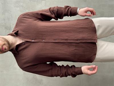 Erkek Premium Kalite Oversize Kalıp Gofre Model Müslin Kumaş Gömlek-Kahverengi(E1633)