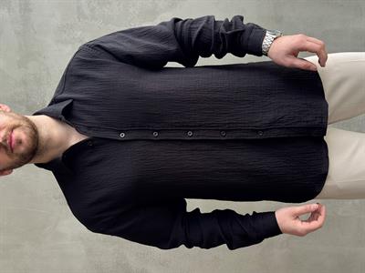 Erkek Premium Kalite Oversize Kalıp Gofre Model Müslin Kumaş Gömlek-Siyah(E1633)