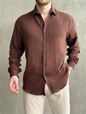 Erkek Premium Kalite Oversize Kalıp Gofre Model Müslin Kumaş Gömlek-Kahverengi(E1633)