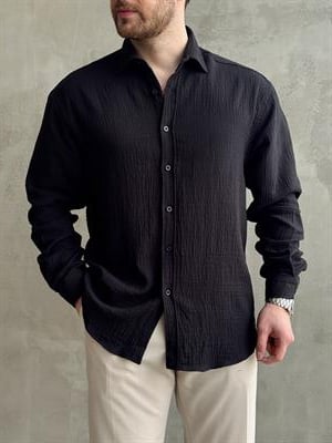 Erkek Premium Kalite Oversize Kalıp Gofre Model Müslin Kumaş Gömlek-Siyah(E1633)