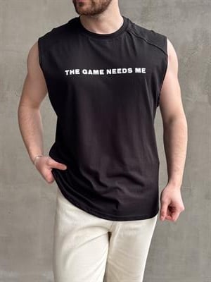 Erkek Premium Kalite Oversize Kalıp Sıfır Kol Baskılı T-Shirt-Siyah(E1666)